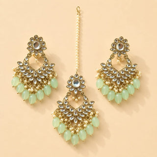 Rachel Light Green Kundan Necklace Set with Tikka and Passa - ECLAT INDIAN JEWELSNecklace SetsGreen
