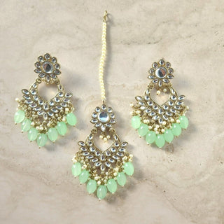 Rachel Light Green Kundan Necklace Set with Tikka and Passa - ECLAT INDIAN JEWELSNecklace SetsGreen