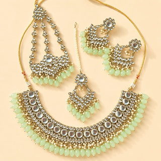 Rachel Light Green Kundan Necklace Set with Tikka and Passa - ECLAT INDIAN JEWELSNecklace SetsGreen