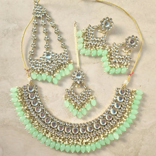 Rachel Light Green Kundan Necklace Set with Tikka and Passa - ECLAT INDIAN JEWELSNecklace SetsGreen