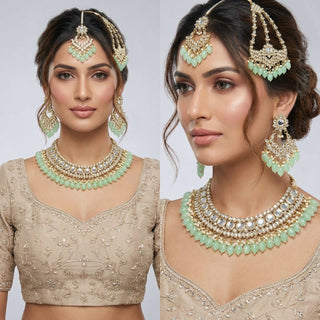 Rachel Light Green Kundan Necklace Set with Tikka and Passa - ECLAT INDIAN JEWELSNecklace SetsGreen