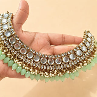 Rachel Light Green Kundan Necklace Set with Tikka and Passa - ECLAT INDIAN JEWELSNecklace SetsGreen