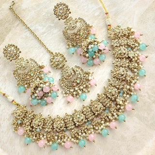 Radhika Polki Mint Green Pink Choker Necklace Set with Tikka - ECLAT INDIAN JEWELSNecklace SetsMulticolour