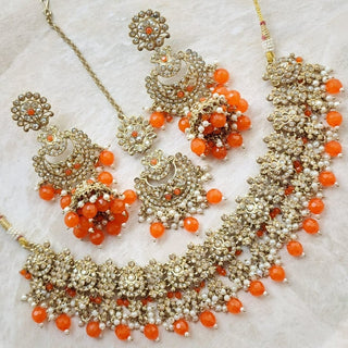 Radhika Polki Orange Choker Necklace Set with Tikka - ECLAT INDIAN JEWELSNecklace SetsOrange