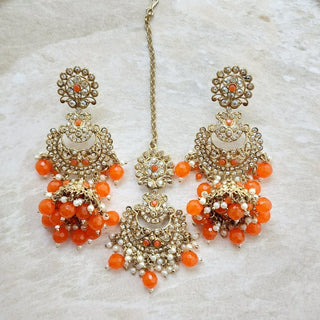 Radhika Polki Orange Choker Necklace Set with Tikka - ECLAT INDIAN JEWELSNecklace SetsOrange