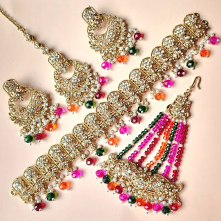 Raha Multicolour Polki Choker Necklace Set with Tikka & Passa - ECLAT INDIAN JEWELSNecklace SetsMulticolor