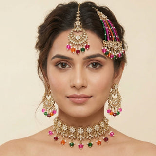 Raha Multicolour Polki Choker Necklace Set with Tikka & Passa - ECLAT INDIAN JEWELSNecklace SetsMulticolor