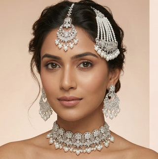 Raha Silver Choker Necklace Set with Tikka & Passa - ECLAT INDIAN JEWELSNecklace SetsSilver