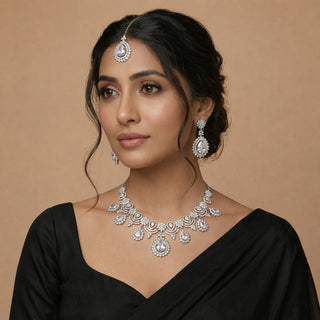 Ramona White Diamond Simulant Necklace Set - ECLAT INDIAN JEWELSNecklace SetsSilver