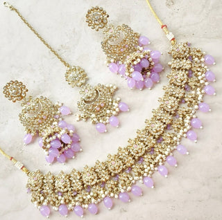 Rasha Polki Diamond Light Purple Choker Necklace Set with Tikka - ECLAT INDIAN JEWELSNecklace SetsPurple