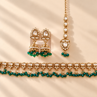 Raya dark green artificial Indian jewellery necklace set with 4.4 cm jhumka earrings and tikka