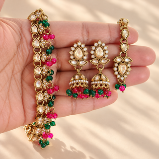 Raya green rani pink Indian artificial necklace set close-up showing 4.4 cm jhumka earrings