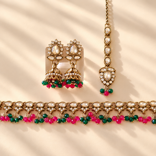 Raya multicolour polki necklace with dark green and hot pink bead drops matching earrings and maang tikka