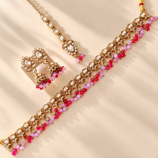 Raya light purple and rani pink polki necklace set gold finish with jhumka earrings and maang tikka