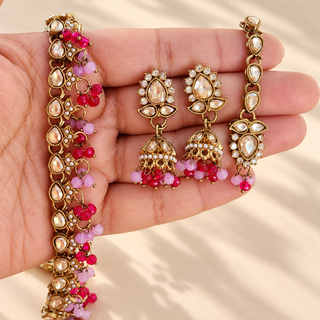 Raya light purple and hot pink artificial jewellery necklace set detail of gold finish jhumka earrings
