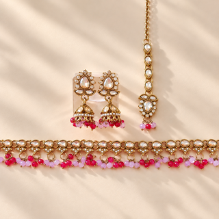 Raya multicolour polki jewellery necklace earrings and maang tikka set with lilac and rani pink bead drops