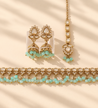 Raya mint green Indian imitation polki necklace set with matching 4.4 cm jhumka earrings and maang tikka