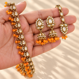 Raya orange polki Indian imitation necklace set detail with 4.4 cm jhumka earrings