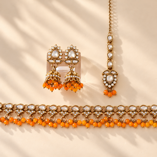 Raya orange polki necklace set with orange bead drops earrings and maang tikka