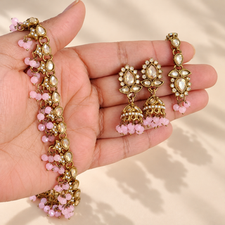 Raya light pink Indian imitation jewellery necklace set close up with 4.4 cm jhumka earrings