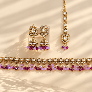 Raya purple polki Indian imitation necklace set with 4.4 cm jhumka earrings and matching maang tikka