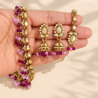 Raya dark and light purple polki necklace jhumka earrings and maang tikka gold finish close-up