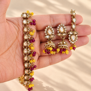 Raya purple yellow Indian imitation necklace set close-up with 4.4 cm jhumka earrings