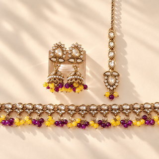 Raya multicolour polki artificial necklace set with purple yellow bead drops and matching tikka