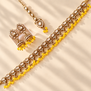 Raya yellow polki necklace set gold finish with yellow bead drops matching jhumka earrings and maang tikka