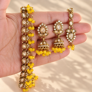 Raya yellow Indian imitation polki necklace set close-up 4.4 cm jhumka earrings and tikka
