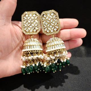 Rebecca Dark Green Kundan Long Jhumki Earrings - ECLAT INDIAN JEWELSEarringsGreen