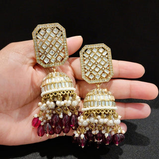 Rebecca Plum Wine Kundan Long Jhumki Earrings - ECLAT INDIAN JEWELSEarringsRed