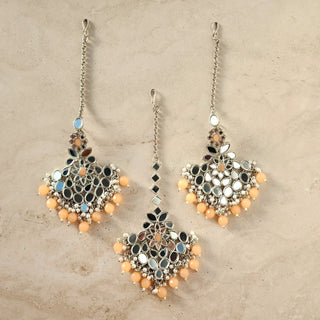 Remi Peach Mirror Necklace Set with Maang Tikka - ECLAT INDIAN JEWELSNecklace SetsPeach