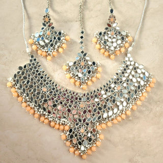 Remi Peach Mirror Necklace Set with Maang Tikka - ECLAT INDIAN JEWELSNecklace SetsPeach