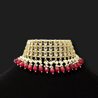 Rhea Dark Red Kundan Choker Necklace Set with Tikka - ECLAT INDIAN JEWELSNecklace SetsRed