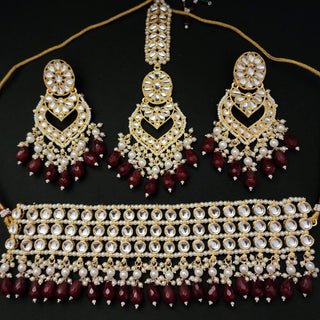 Rhea Dark Red Kundan Choker Necklace Set with Tikka - ECLAT INDIAN JEWELSNecklace SetsRed