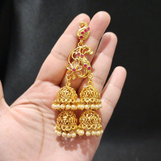 Riana Gold Plated Peacock Jhumki Polki Earrings - ECLAT INDIAN JEWELSEarringsGold