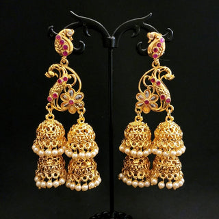 Riana Gold Plated Peacock Jhumki Polki Earrings - ECLAT INDIAN JEWELSEarringsGold