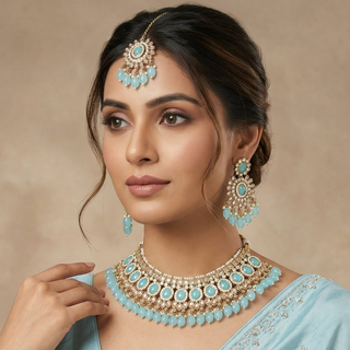 Alyssa Light Blue Polki Necklace Set with Tikka