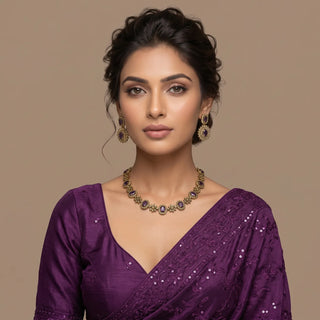 Selena Purple CZ Diamond Simulant Victorian Gold Necklace Set