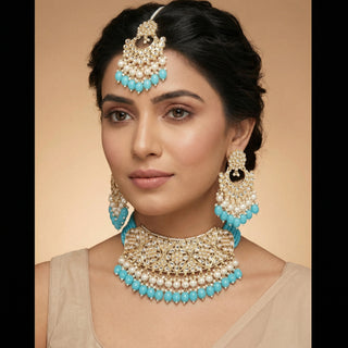 Karleigh Light Blue Kundan Choker Necklace Set with Tikka