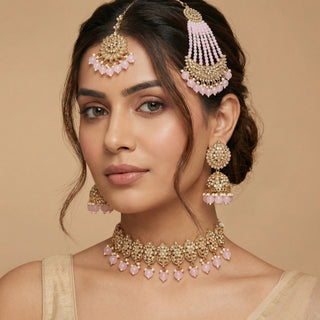 Alisha Light Pink Polki Choker Necklace Set with Tikka & Passa