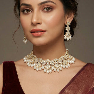 Jolene White Kundan Necklace Set with Maang Tikka