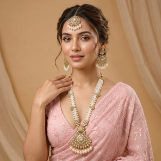 Delanie White Kundan Long Necklace Set with Tikka