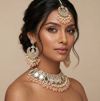 Florence Peach Mirror Necklace Set with Tikka