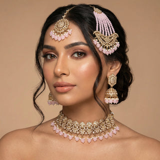Anushka Light Pink Choker Necklace Set with Tikka & Passa