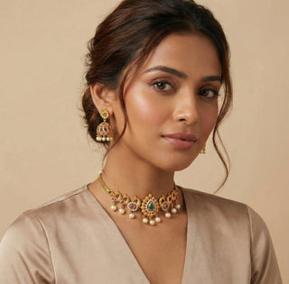 Roxy Multicolour Diamond Simulant Kemp Choker Necklace Set