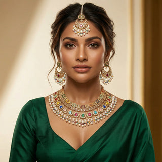 Nicole Multicolour Polki Necklace Set with Tikka