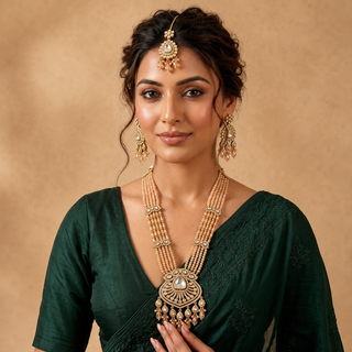 Delani Gold Polki Long Necklace Set with Tikka