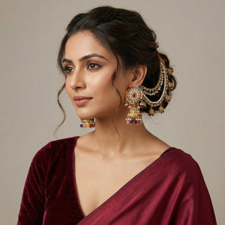 Adele Baahubali Multicolour Polki Jhumka Earrings (with detachable hair chains)
